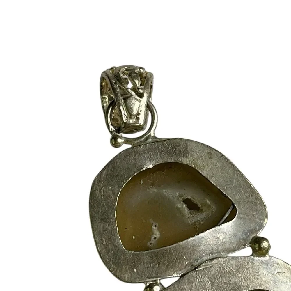 Natural Geode Agate Trio Pendant Sterling Silver 925 Earth Tone Green Gray Brown